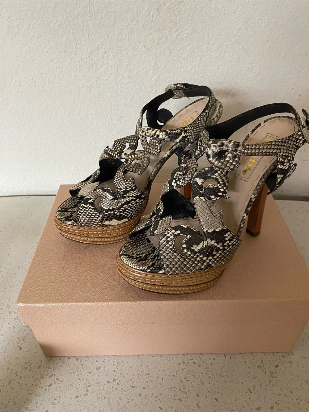 Prada Black and Cream Snakeskin-Effect Platform Heels